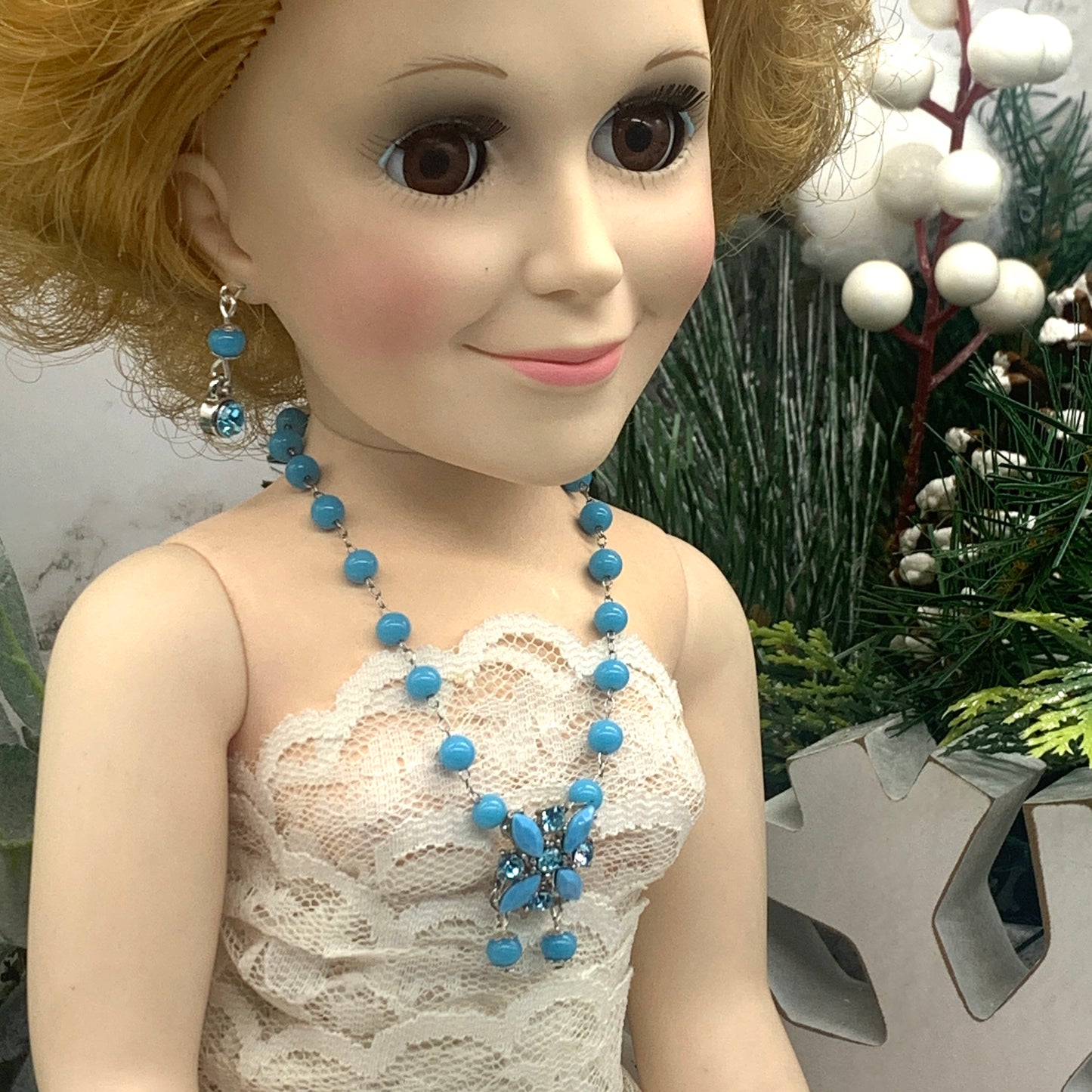 Blue Turquoise Bead Rhinestone Pendant Necklace Earring Set 18-22” Doll Jewelry