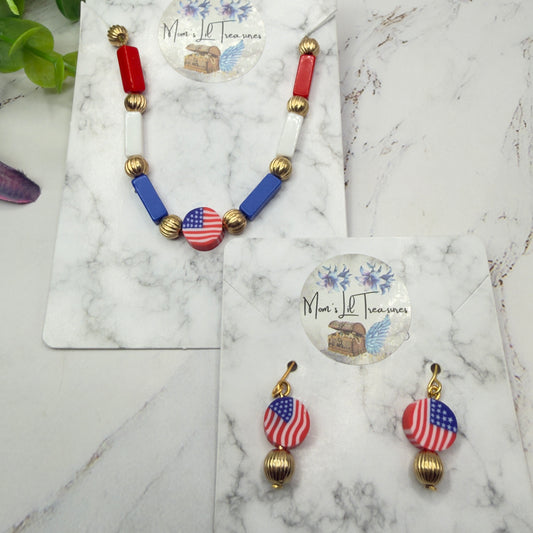 Red White Blue Beaded American Flag Charm Doll Necklace & Earrings Set for 18 Inch Fashion Doll