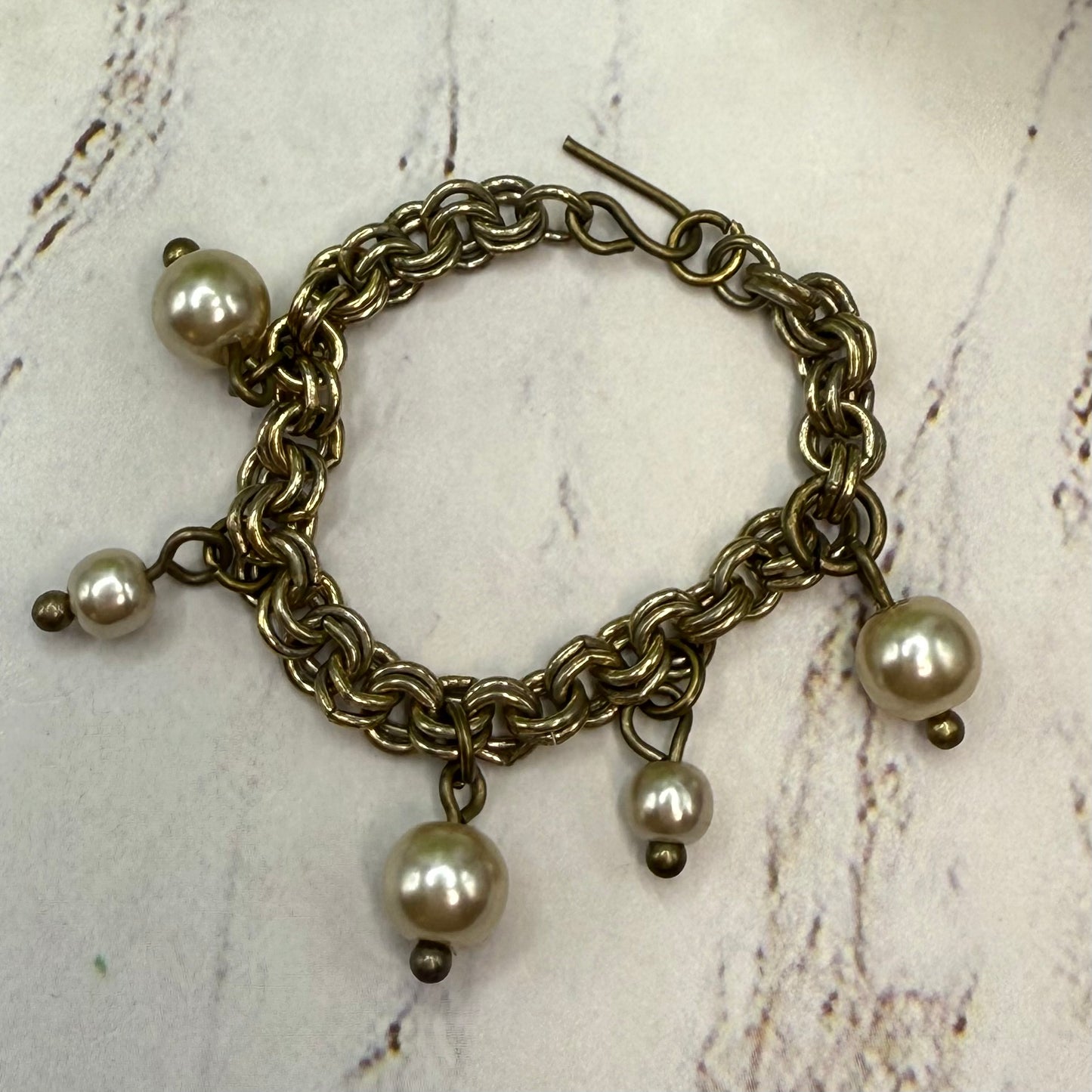 Gold Brass Tone Chain Pearl Dangles Doll Charm Bracelet • 18 Inch Fashion Doll Jewelry
