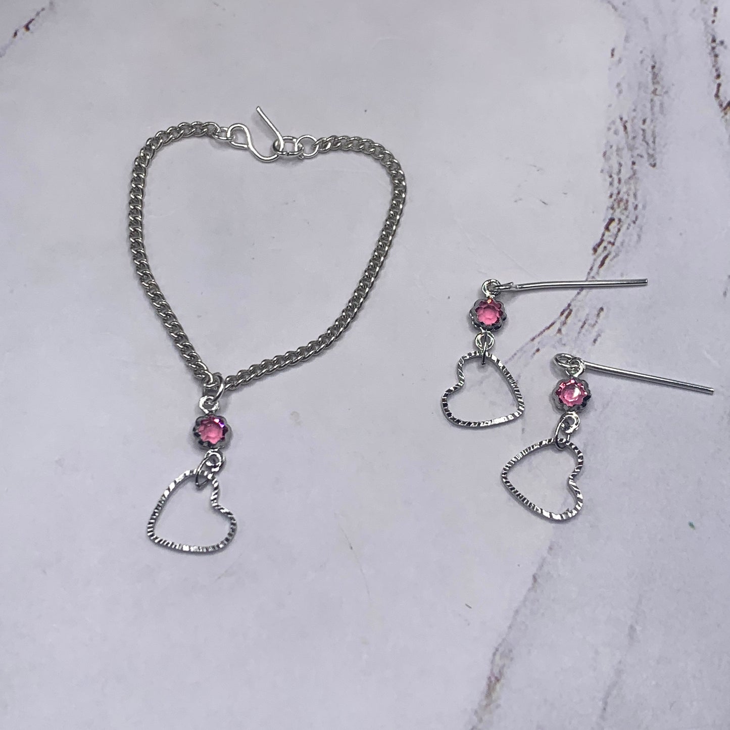 Silver Heart Pink Crystal Silver Doll Necklace Earring Set for 14” Wellie Wisher