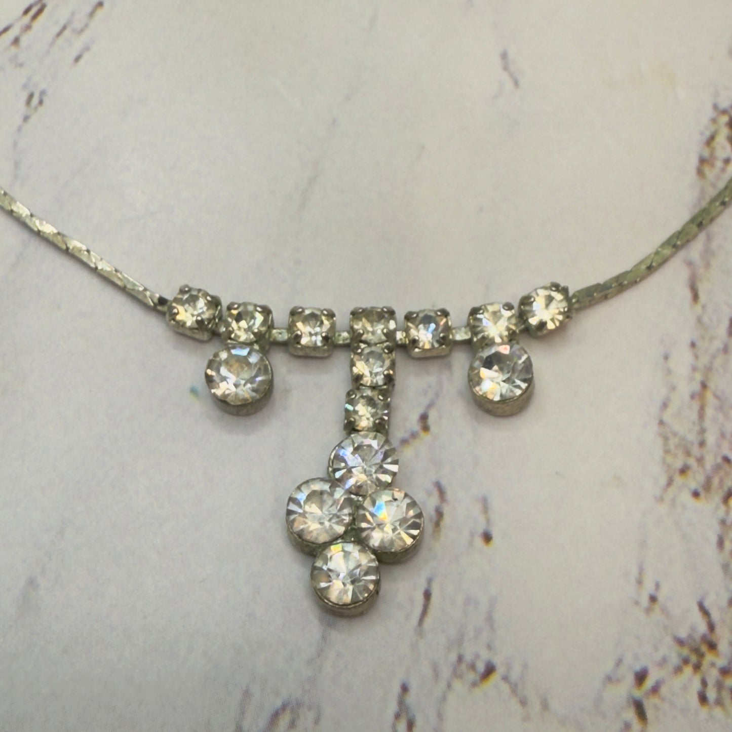 Clear Rhinestone Drop Dangle Silver Serpentine Doll Necklace • 18-22” Vintage Doll Jewelry