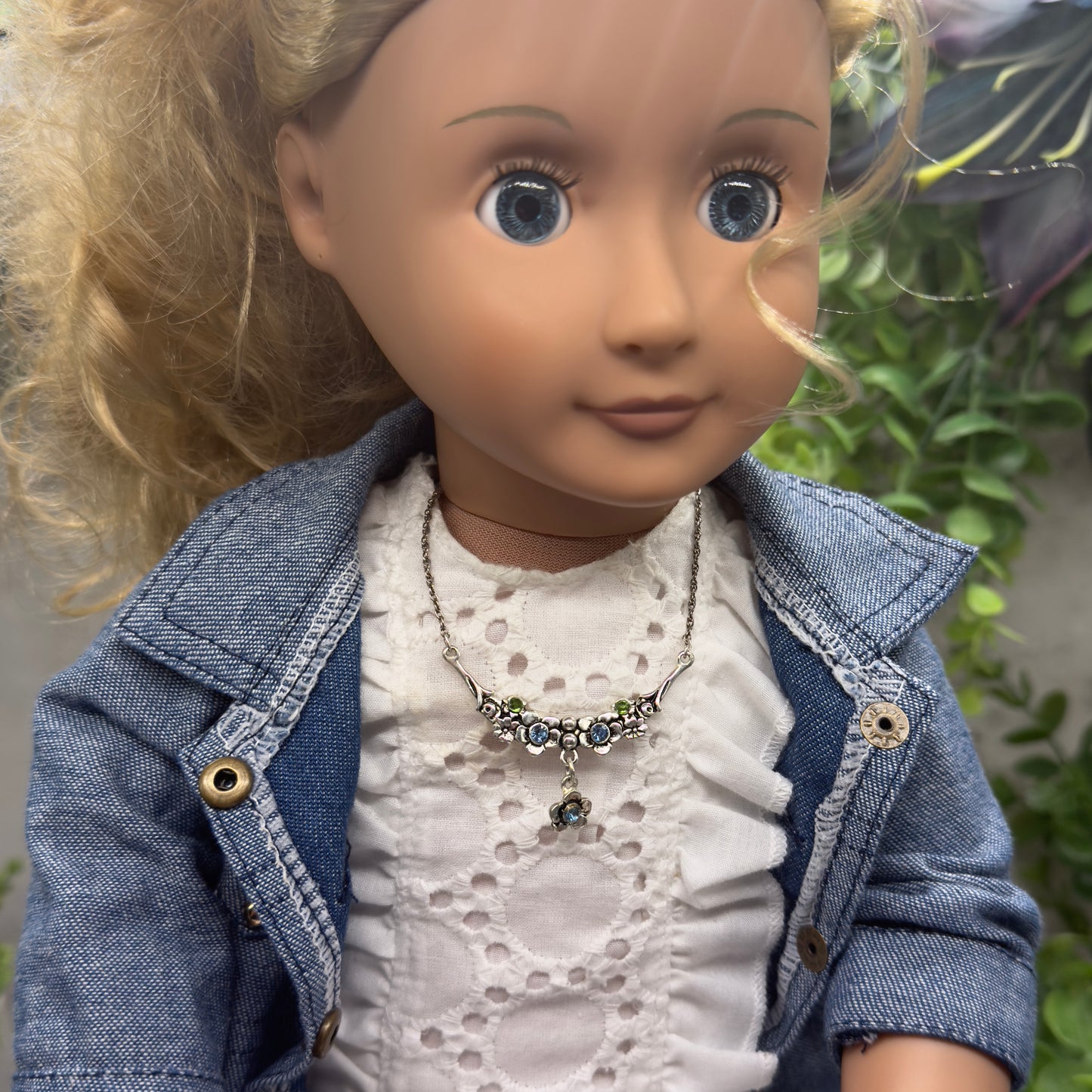 Silver Flower Design W/ Green Blue Rhinestone Doll Necklace • 18” Doll Jewelry