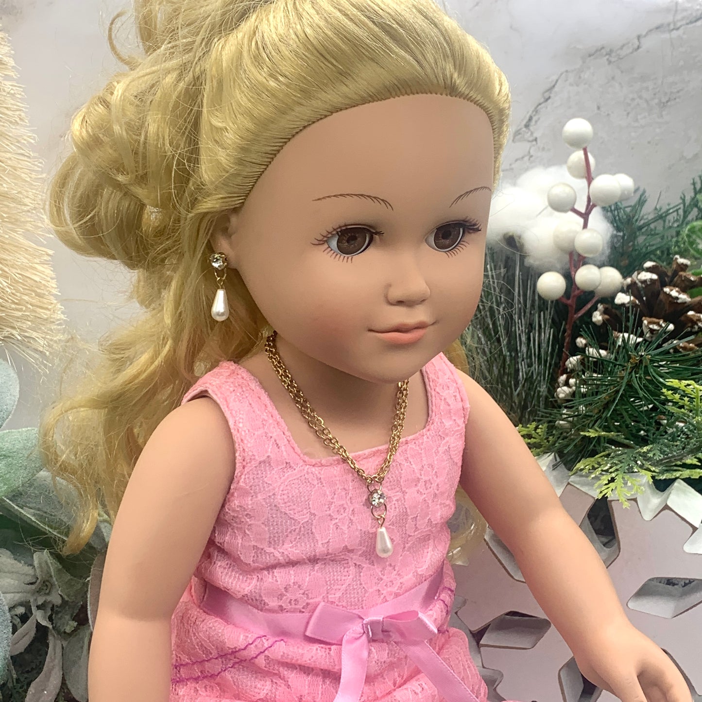 Clear Rhinestone Teardrop Pearl Gold Doll Necklace Earring Set 18” Doll Jewelry