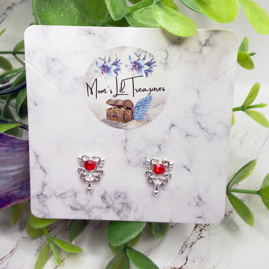 Red Rhinestone Heart Silver Wings Wand Design Post Doll Earrings • 18 Inch Fashion Doll Jewelry