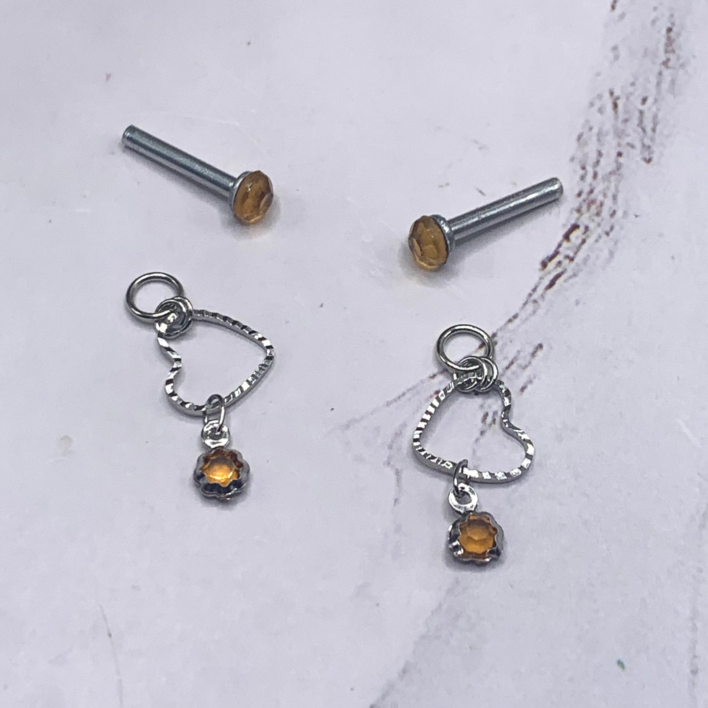 Golden Amber Rhinestone Post Silver Heart Doll Earring fits 18” American Girl