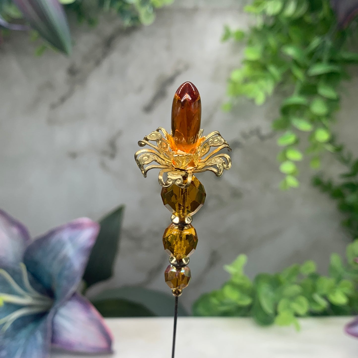 Gold yellow Amber Color Crystal Flower Design 8.5” Pin • Hatpin - Stick Pin