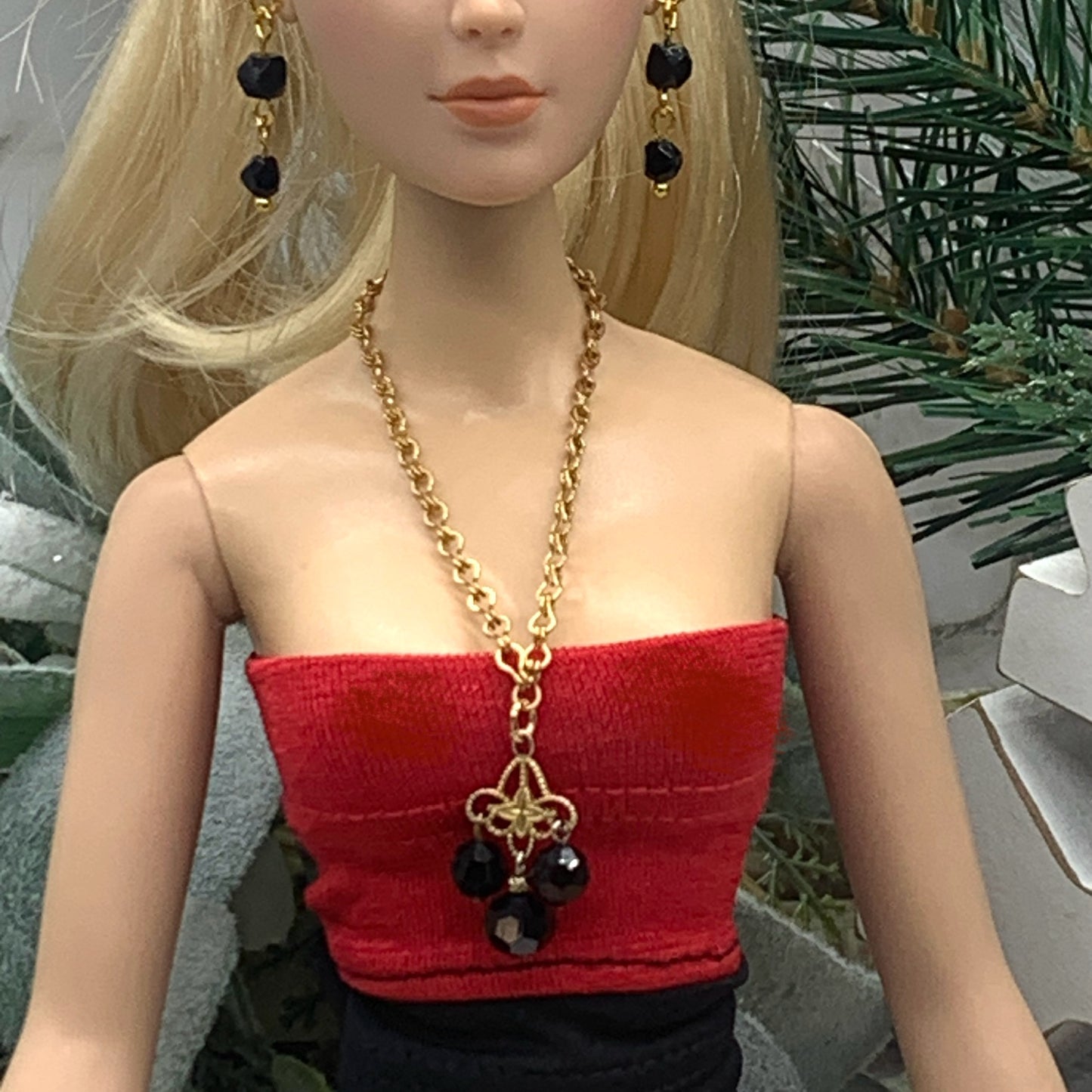 Black Glass Crystal Statement Doll Necklace Earring Set • 16” Doll Jewelry