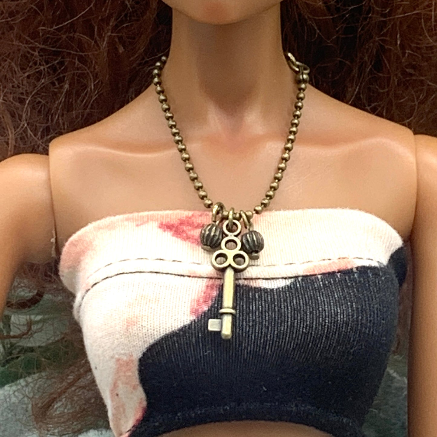 Bronze Key Pendant Chain Doll Necklace Matching Earrings Set • 16” Doll Jewelry