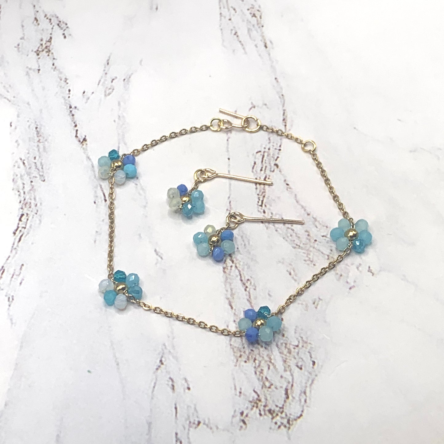 Blue Glass Flower Design Gold Chain Necklace Earrings Set • 18” Doll Jewelry