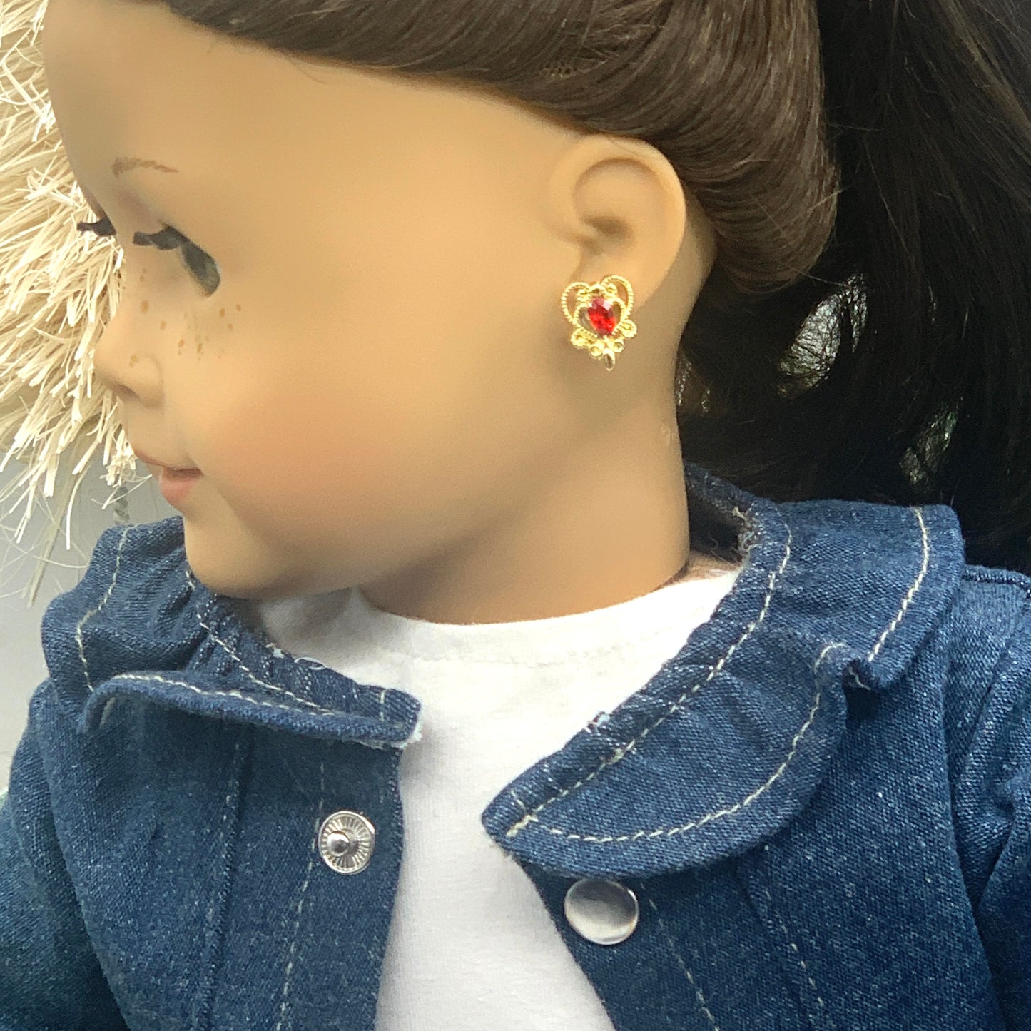 Gold Filigree Heart Red Rhinestone Doll Earrings 2mm Post fit 18” American Girl