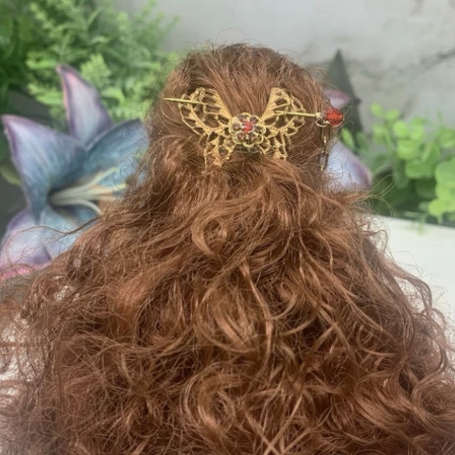 Butterfly Filigree Hair Clip Barrette Chain Dangle Red Crystal Hair Pin