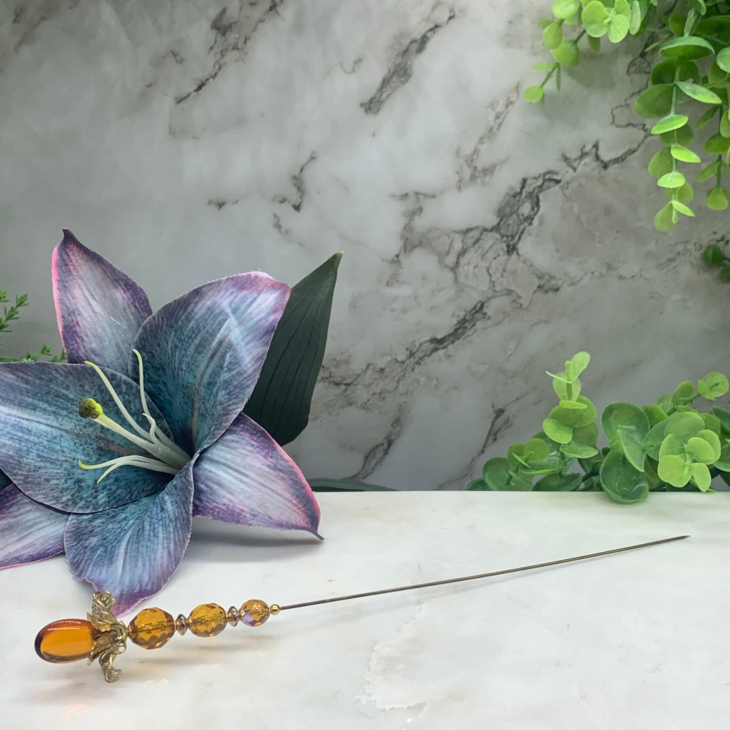 Gold yellow Amber Color Crystal Flower Design 8.5” Pin • Hatpin - Stick Pin