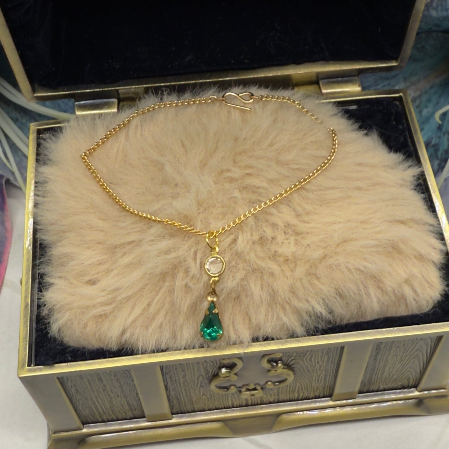 Green Teardrop Rhinestone Gold Doll Necklace • 18 Inch Fashion Doll Jewelry