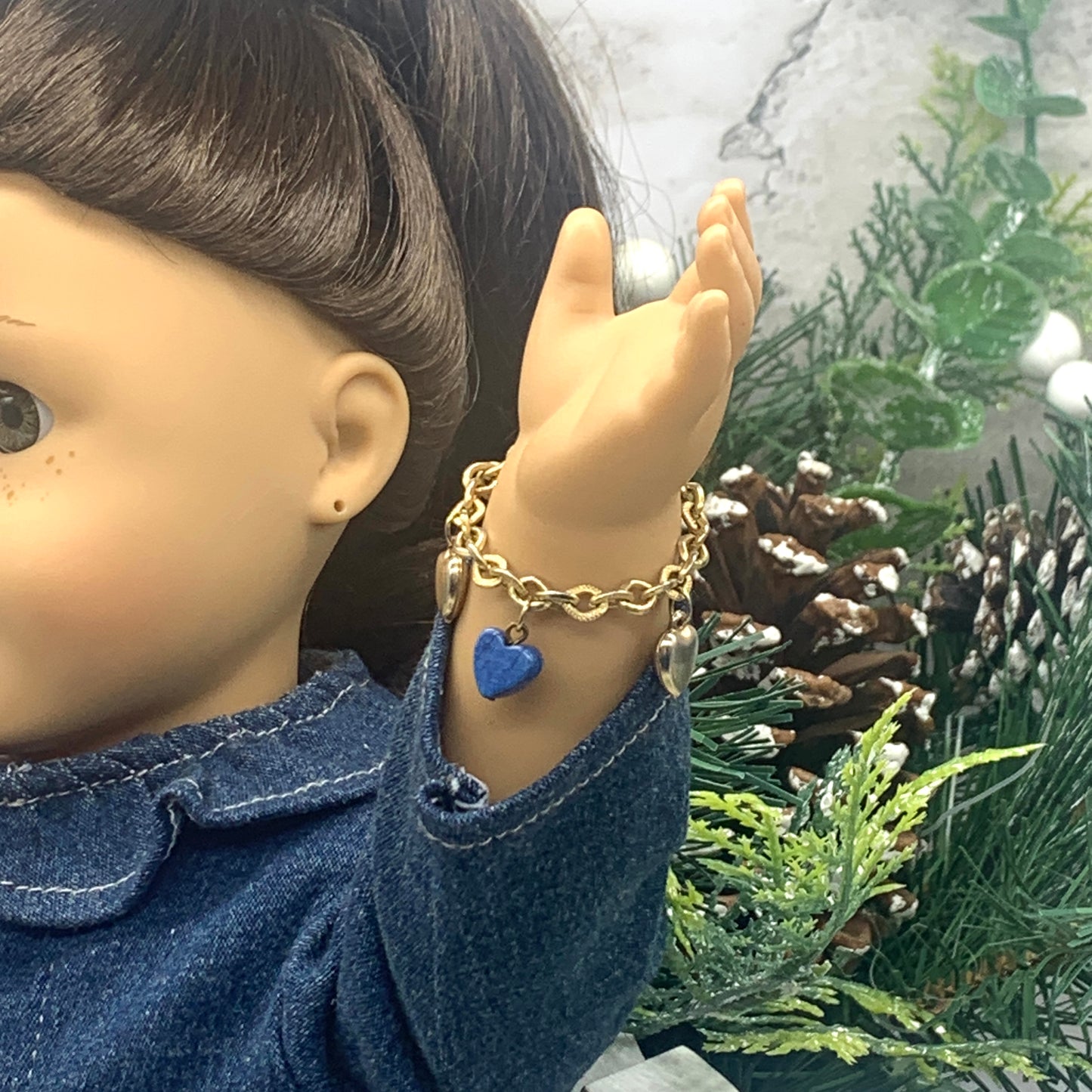 Blue Glass Gold Heart Charm Doll Bracelet • 18 Inch Fashion Doll Jewelry
