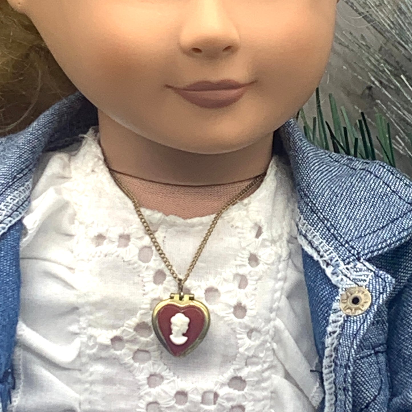 Burgundy Red Heart Cameo Locket Gold Chain Doll Necklace • 18” Doll Jewelry