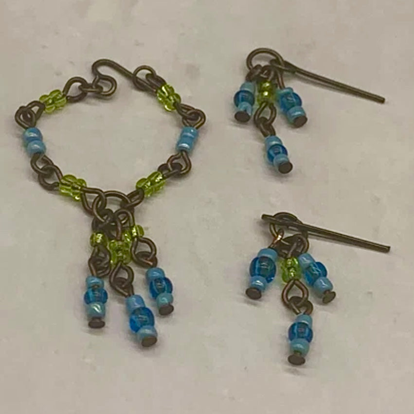 Blue Yellow Brass Tone Multi Dangle Necklace Earring Set • 10-12” 1:6 Doll Jewelry
