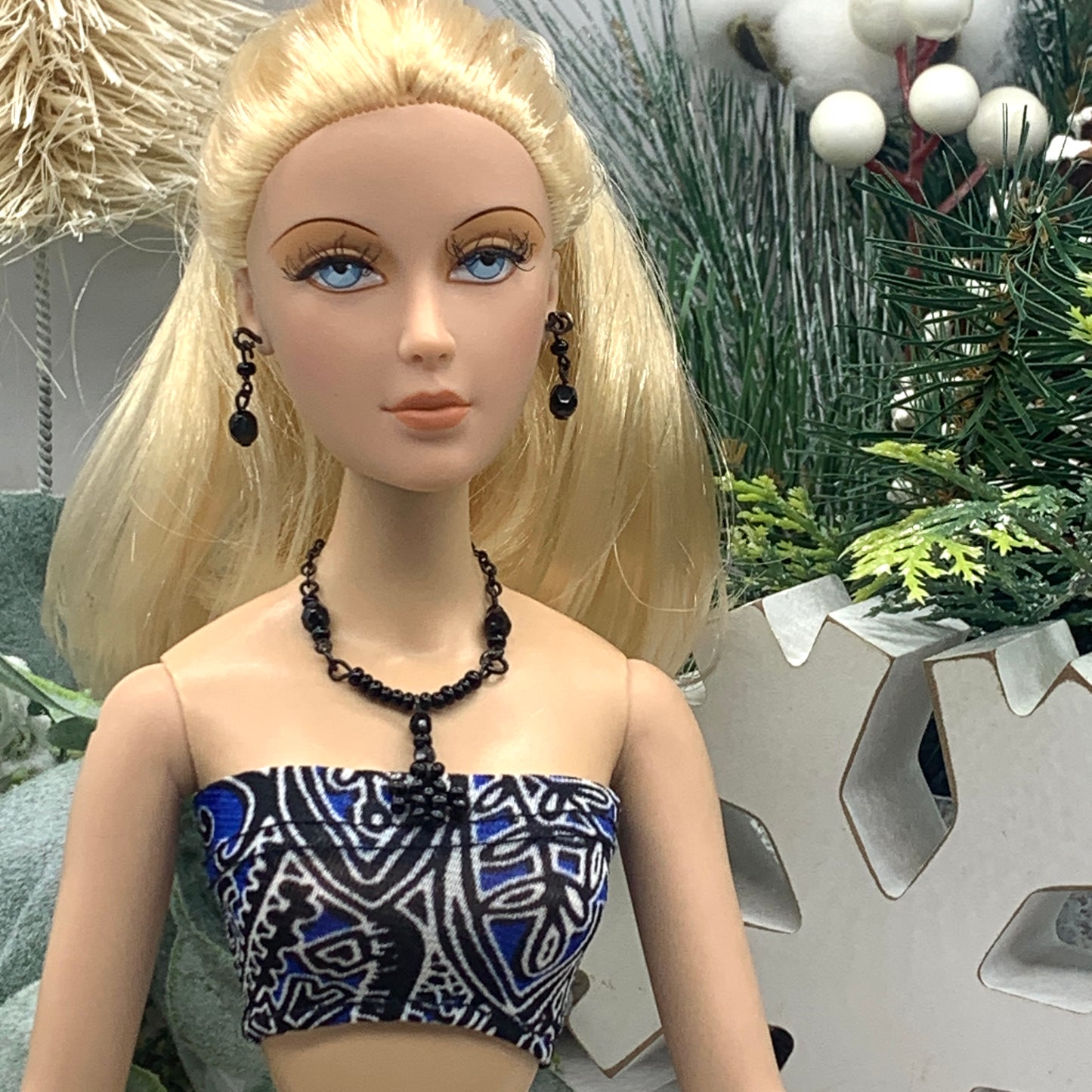 Black Beaded Y Drop Flower Doll Necklace Matching Earring Set • 16” Doll Jewelry