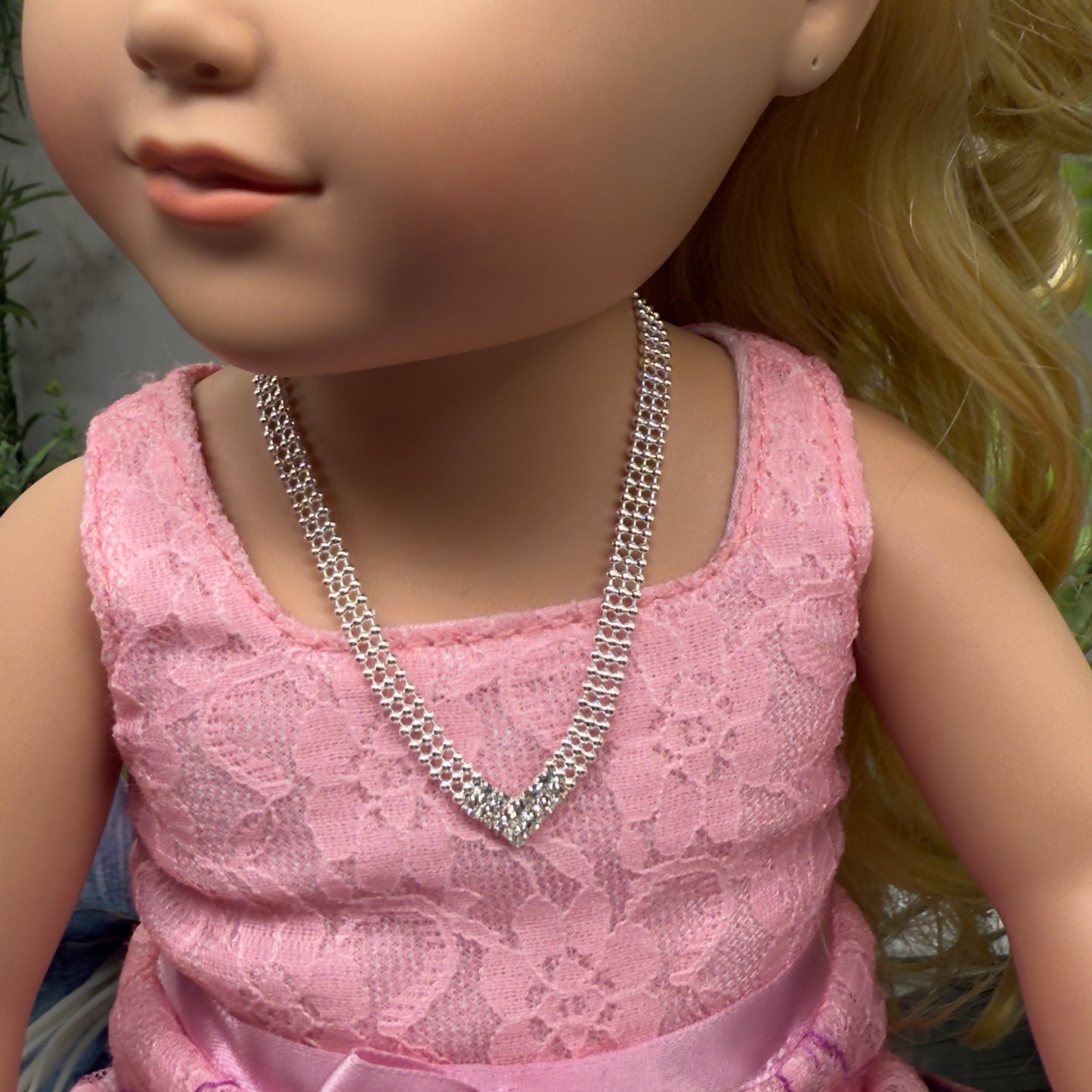 Clear Rhinestone V-Shape Silver Connected Ball Design Chain Doll Necklace • 18 Inch Fashion Doll Jewelry