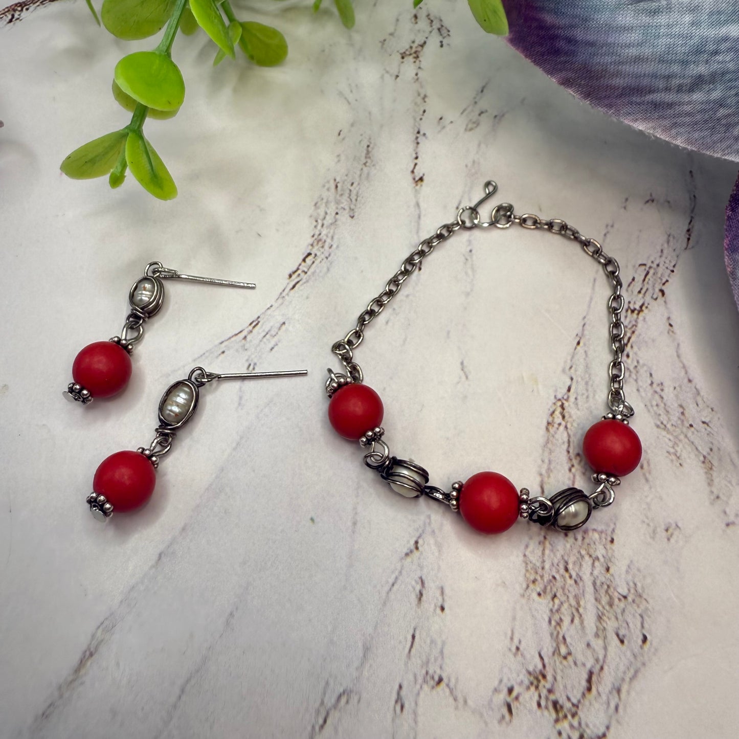 Candy Apple Red Pearl & Silver Doll Necklace & Earrings Set • 18 Inch Doll Jewelry