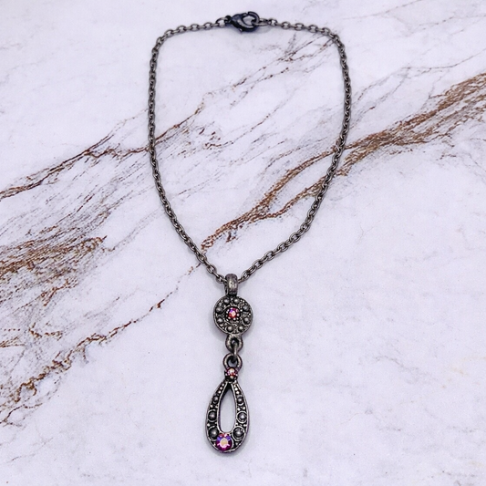 Red AB Rhinestone Dangle Pendant Gun Metal Doll Necklace • 18 Inch Doll Jewelry