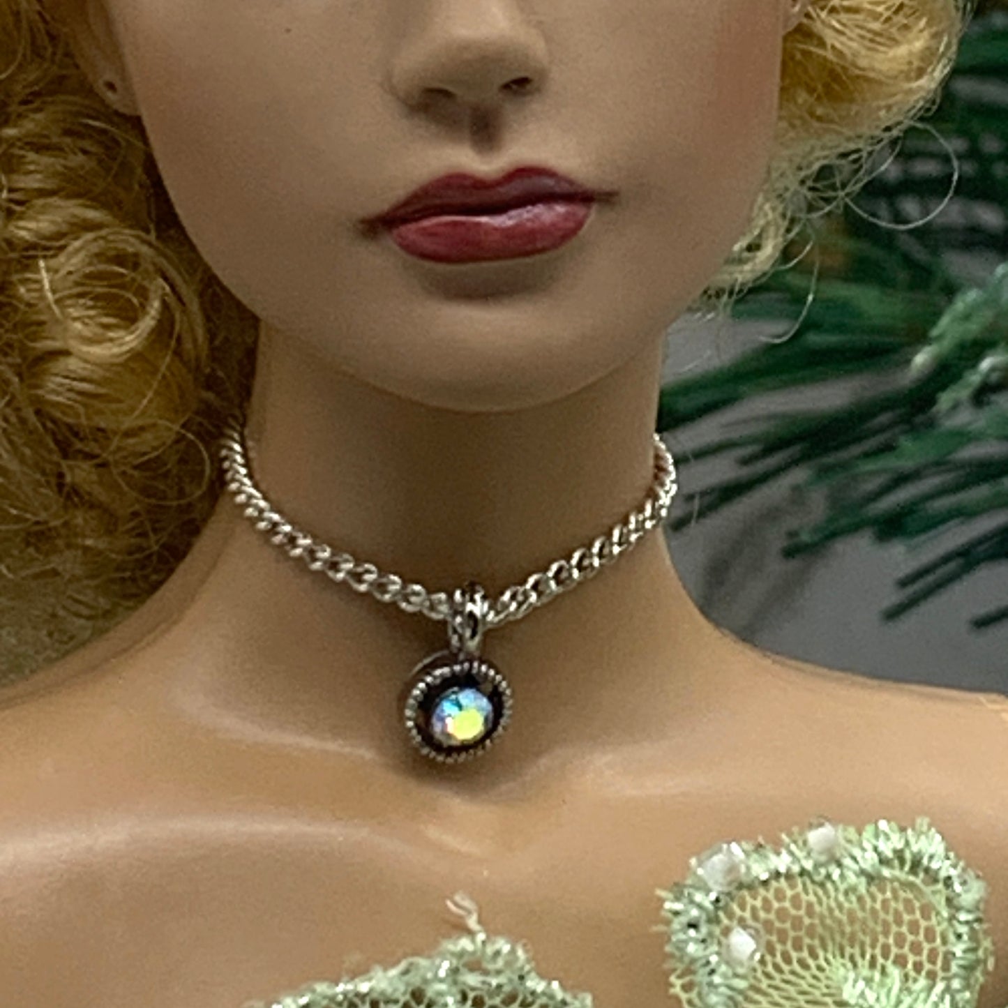 AB Rhinestone Pendant Silver Choker Chain Doll Necklace • 16” Doll Jewelry