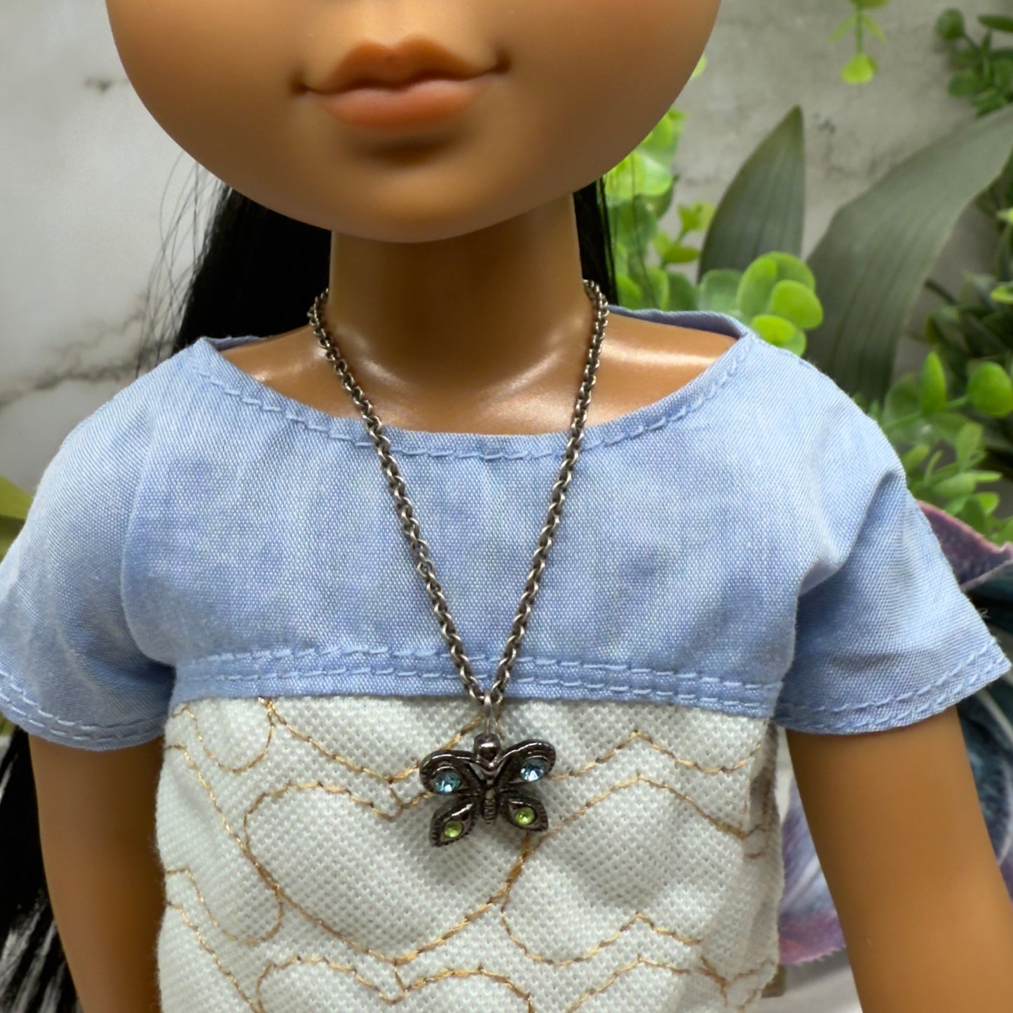 Butterfly Green Blue Rhinestone Pendant Gun Metal Silver Doll Necklace • 14 Inch Fashion Doll Jewelry
