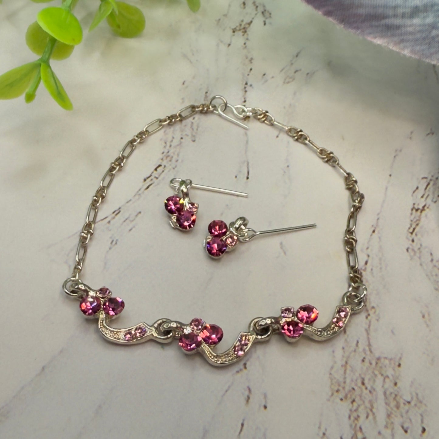 Light Dark Pink Rhinestone Silver Curved Link Doll Necklace & Earrings Set • 18 Inch Fashion Doll Jewelry