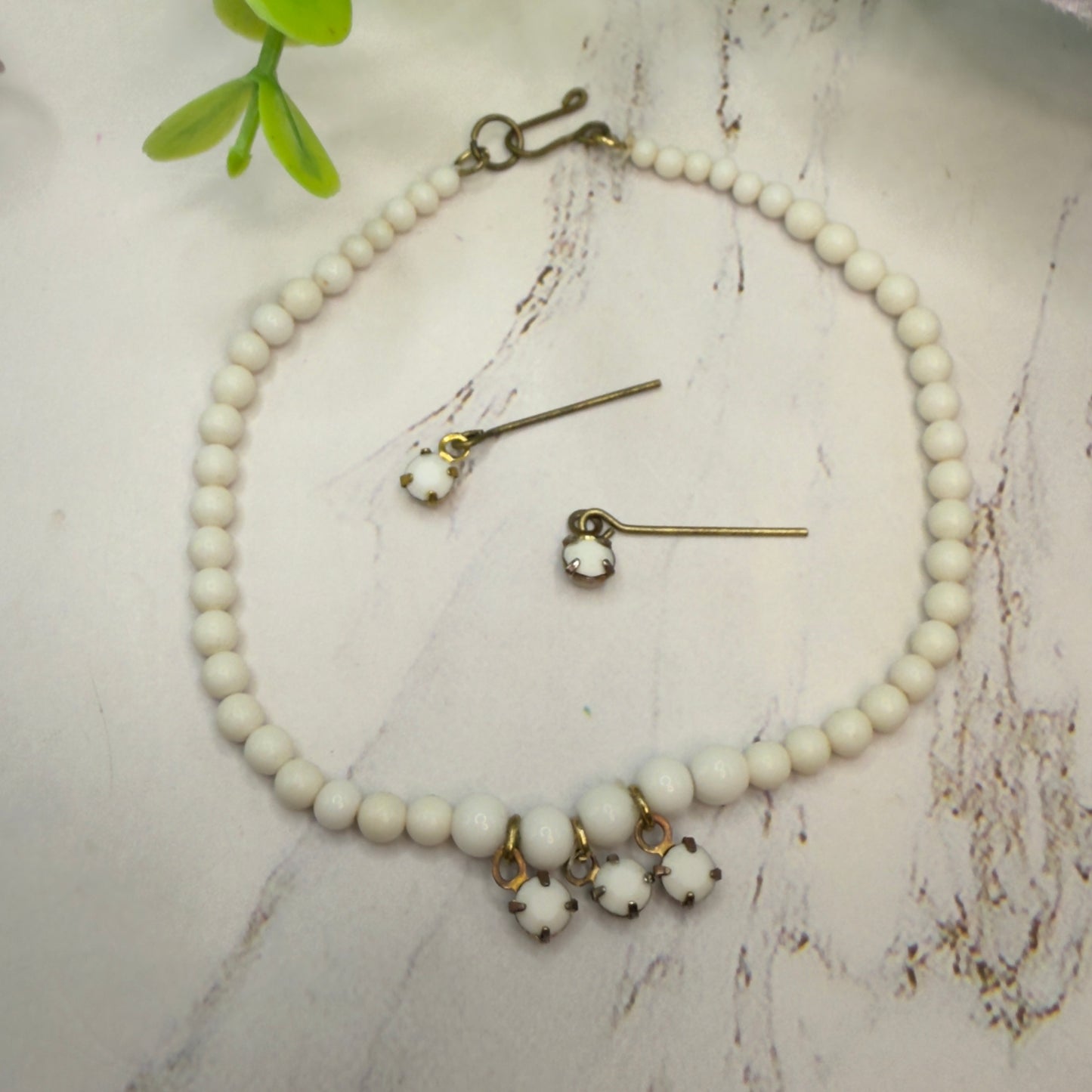 White Rhinestone & Glass Beaded Doll Necklace & Earrings Set • 18 Inch Fashion Doll Jewelry