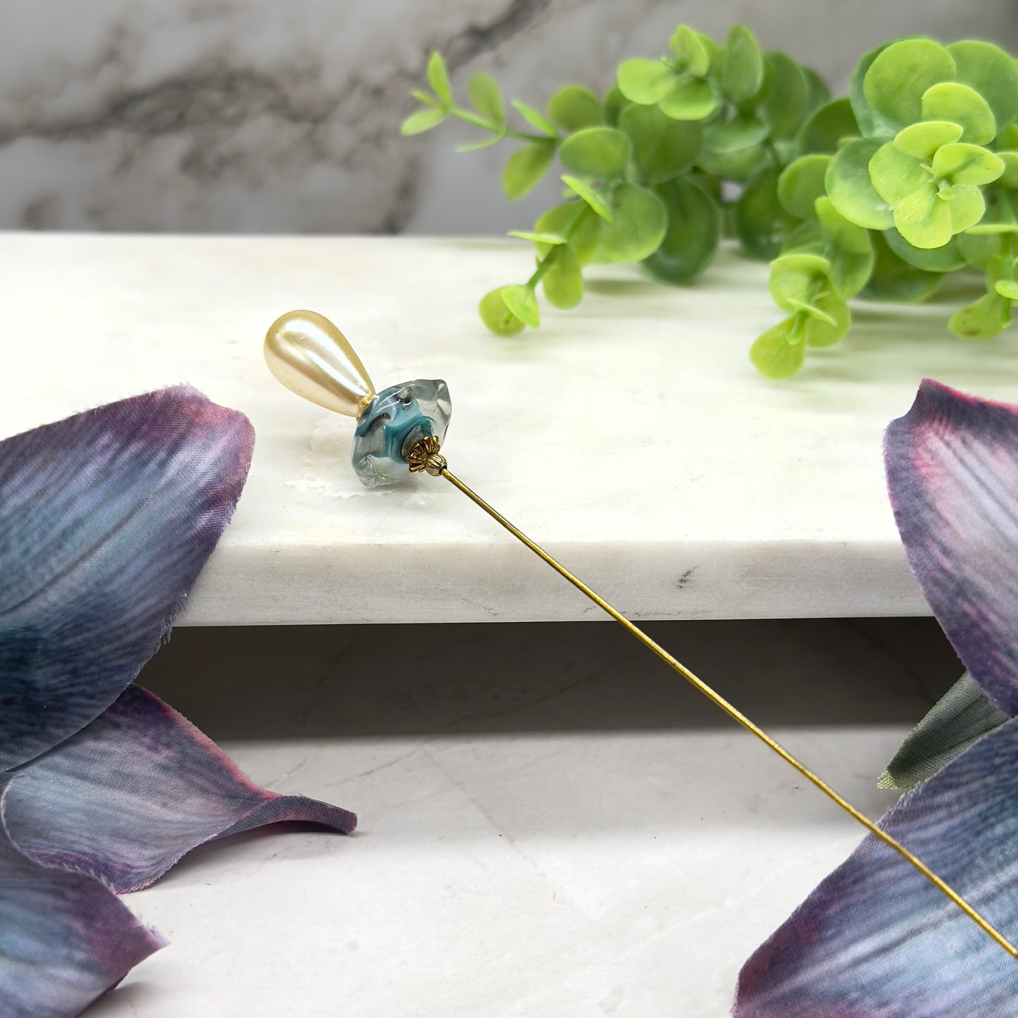 Teardrop Pearl Translucent Blue Green Gold Accent • 8” Pin Hatpin - Stick Pin