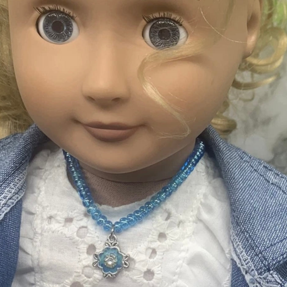 Iridescent Blue Beaded Doll Necklace W/ Pendant • 18” Fashion Doll Jewelry