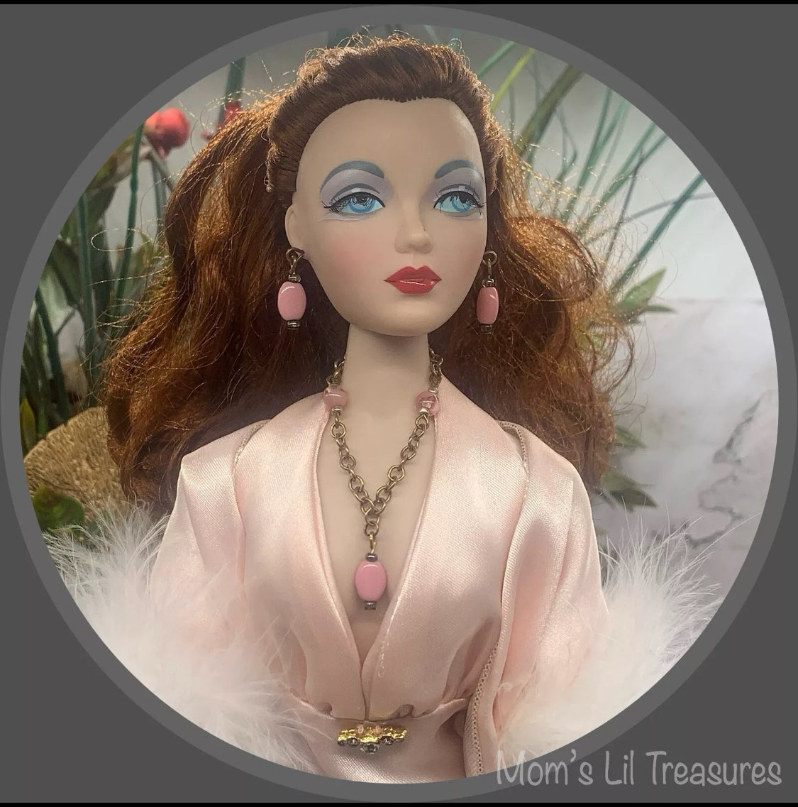16” Fashion Doll Jewelry • Pink Glass Copper Chain Doll Necklace Earrings Set