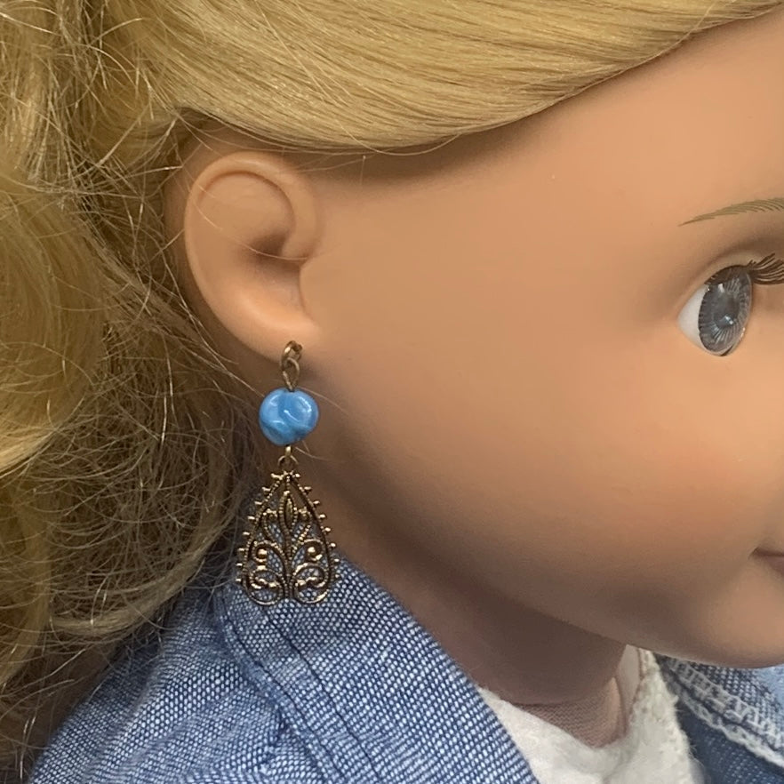 Gold Filigree Blue Glass Dangle Doll Earrings • 18 Inch Fashion Doll Jewelry