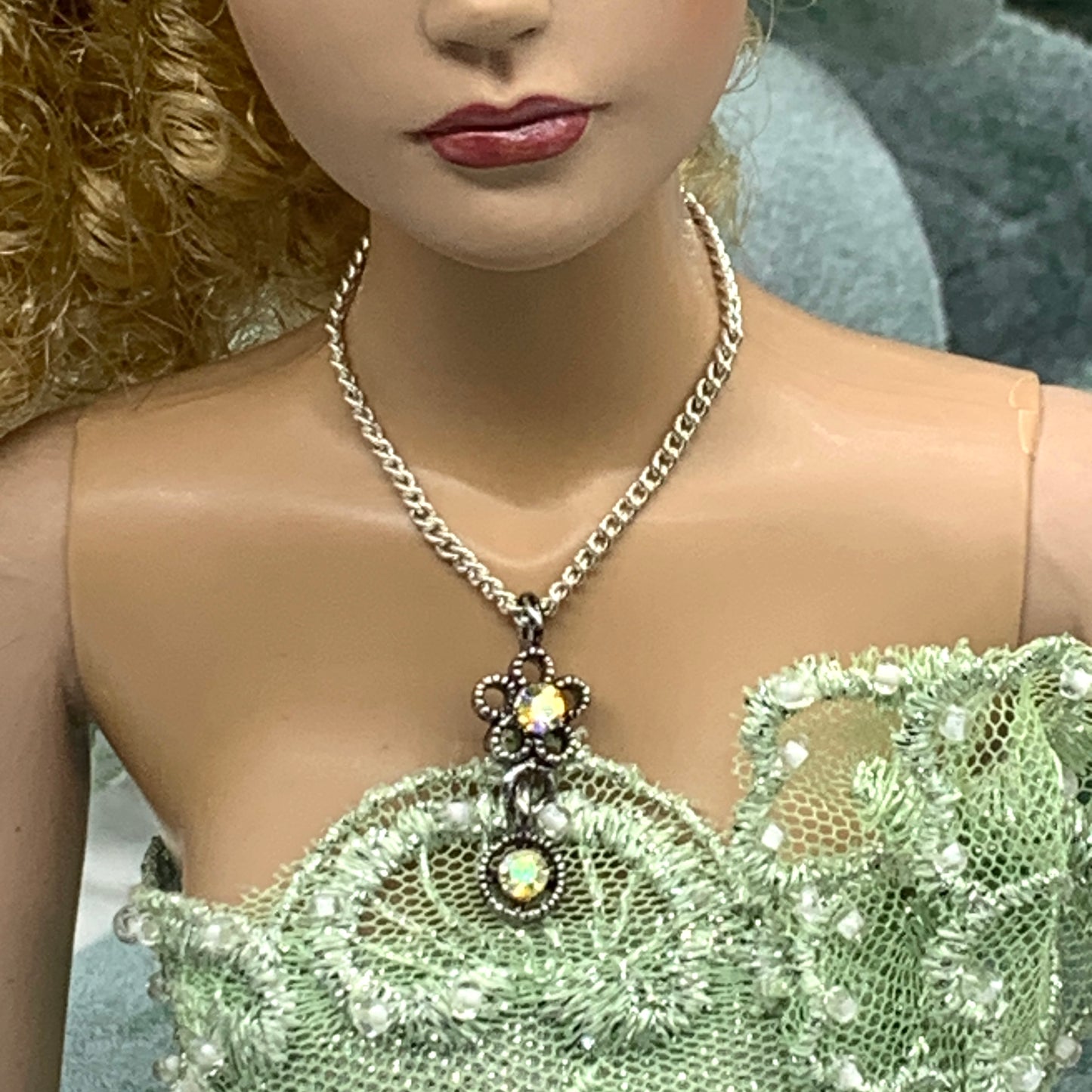 AB Rhinestone Flower Pendant Silver Chain Doll Necklace • 16” Doll Jewelry