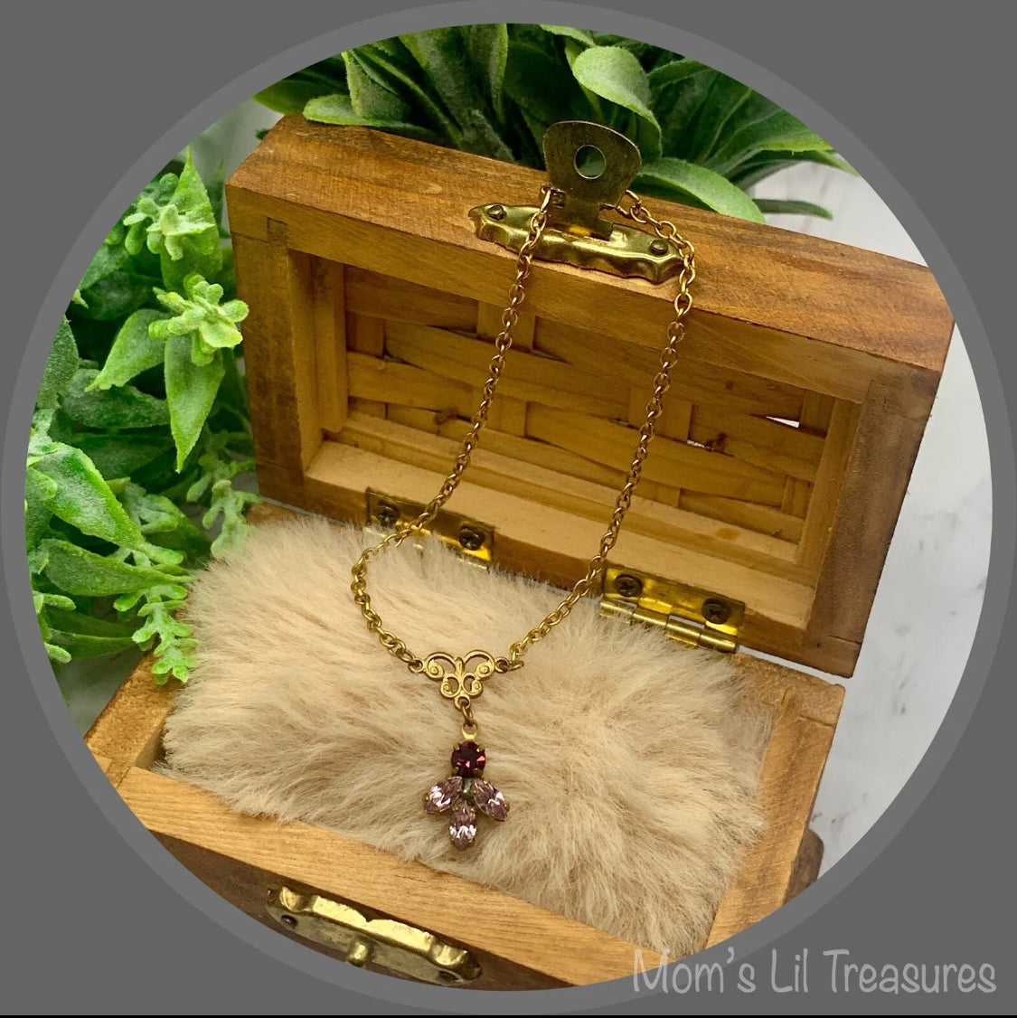 Purple Shades Rhinestone Pendant Gold Tone Necklace• 18-20” Vintage Doll Jewelry