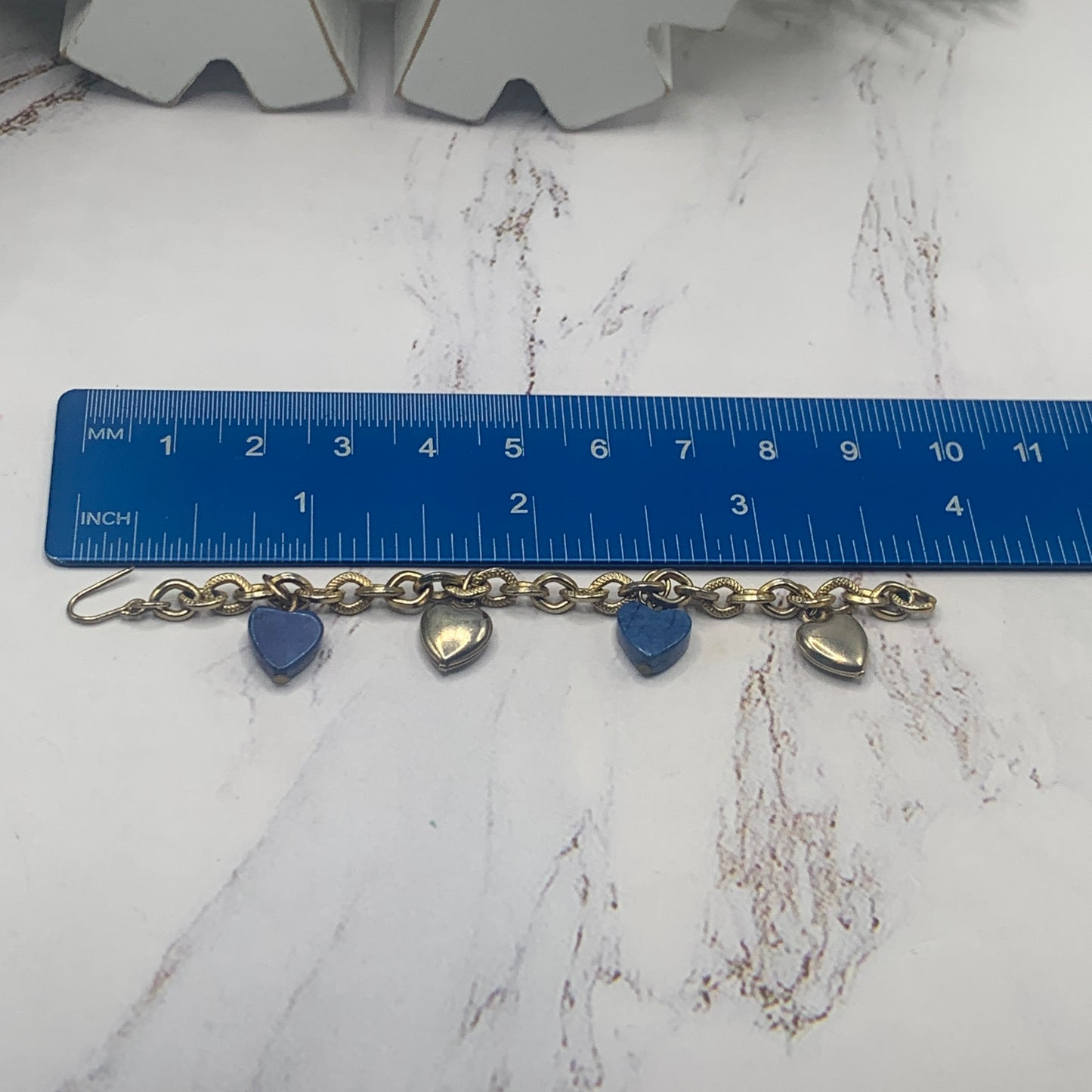 Blue Glass Gold Heart Charm Doll Bracelet • 18 Inch Fashion Doll Jewelry