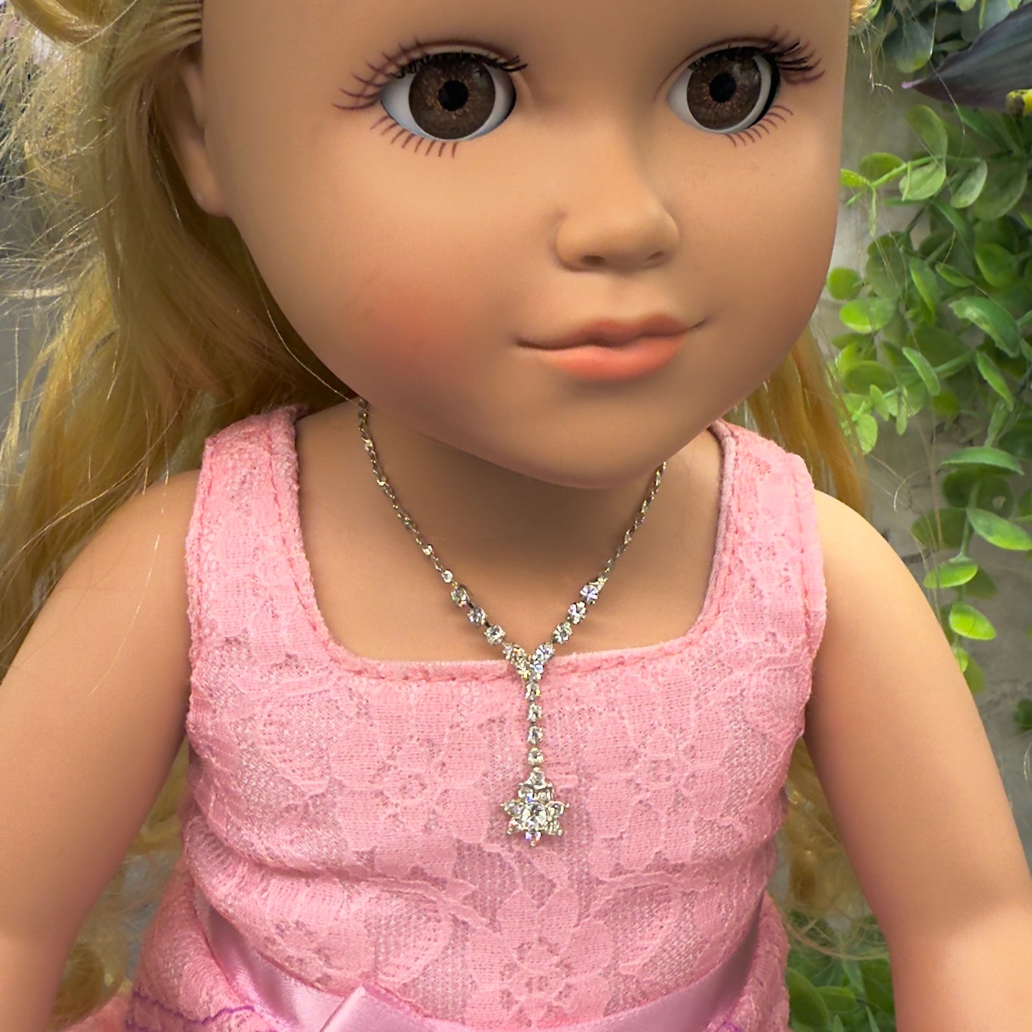 Flower Y Style Rhinestone Silver Doll Necklace • 18 inch Fashion Doll Jewelry