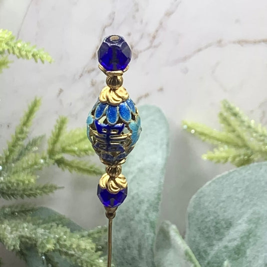 Blue Glass Crystal Metal Cloisonné Enamel Flower Design - 8” • Hatpin