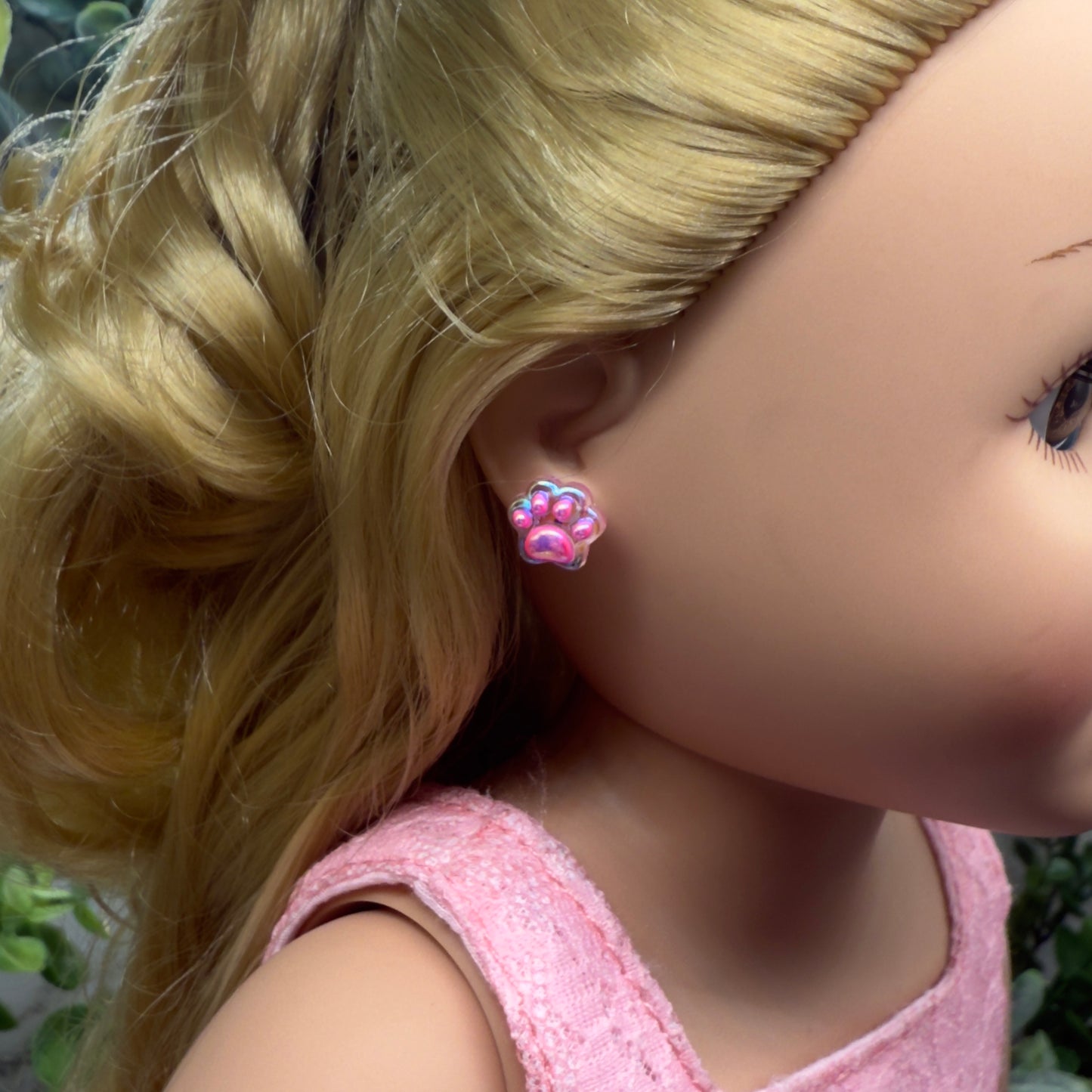 Pink Translucent Acrylic Paw Print Post Doll Earrings • 18 Inch Fashion Doll Jewelry