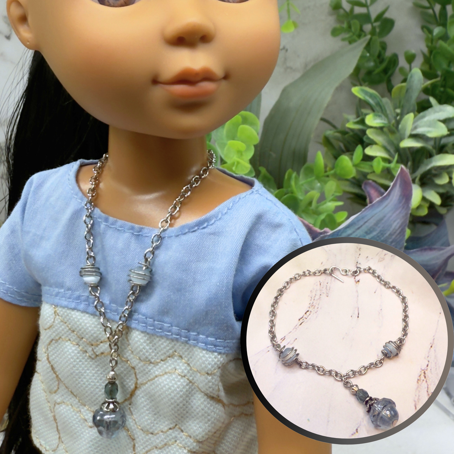 Light Blue Glass Silver Chain Pendant Doll Necklace • 14 Inch Fashion Doll Jewelry