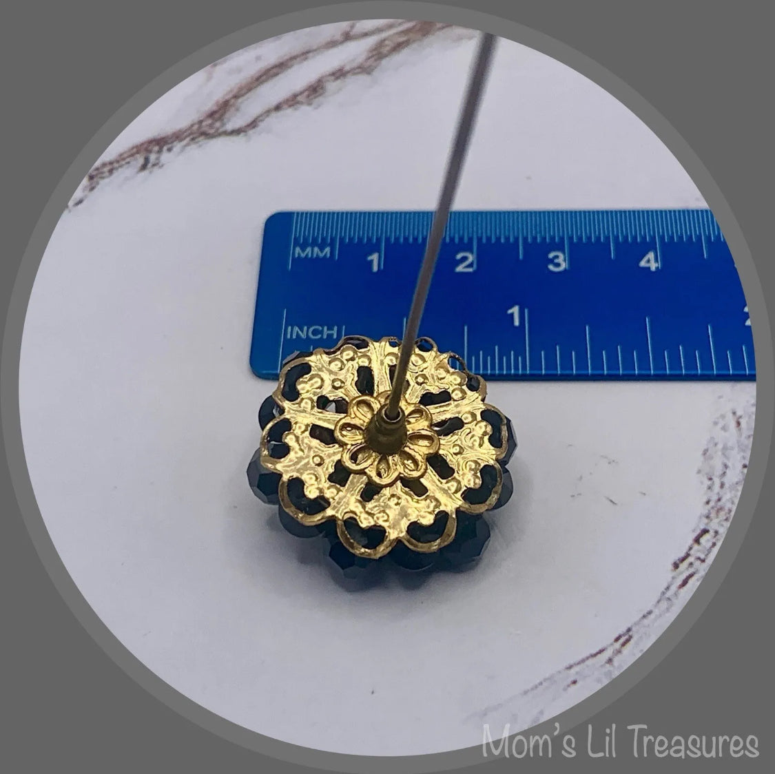 Hatpin - Stick Pin • Black Faceted Crystal Bead Cluster Gold Filigree Base - 3”