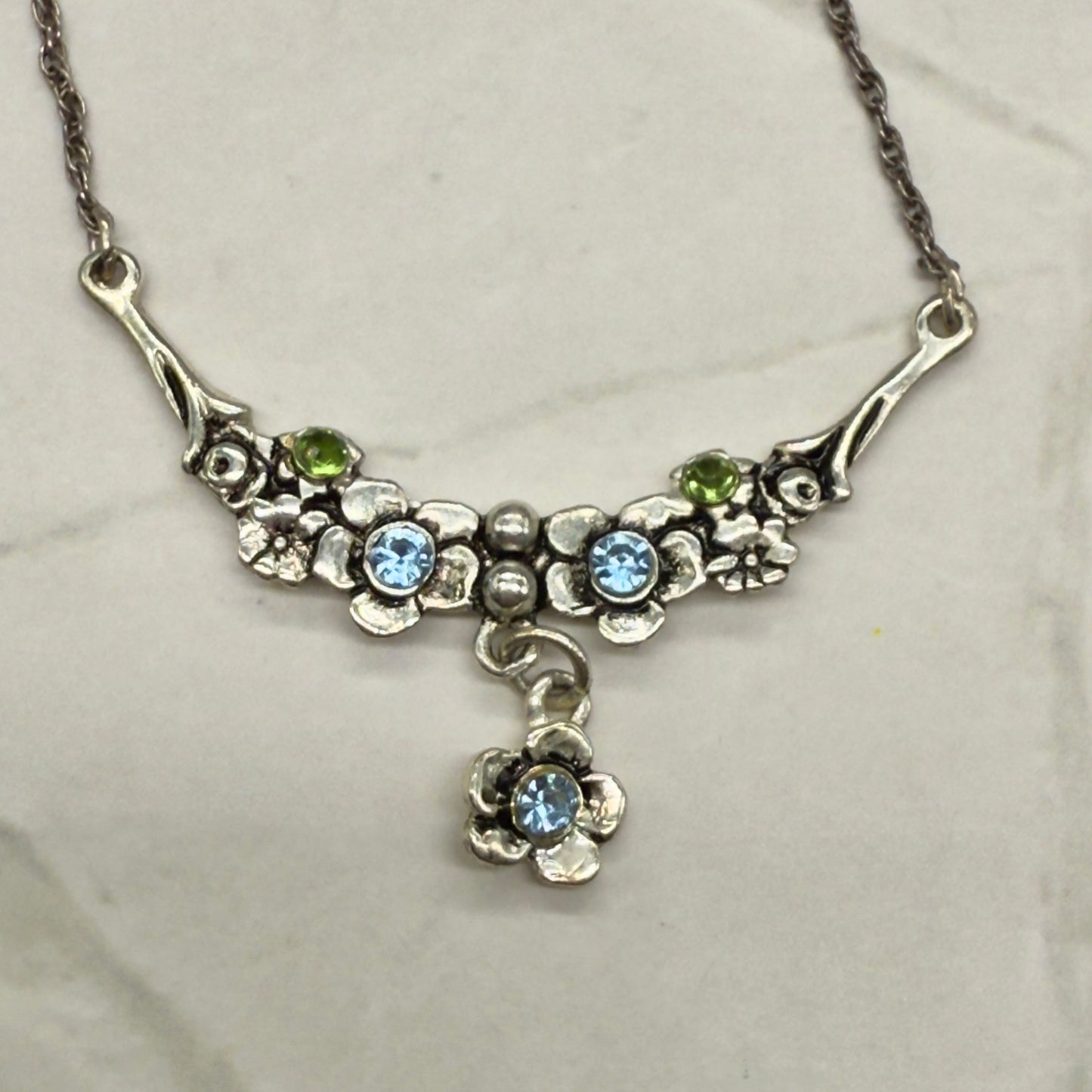 Silver Flower Design W/ Green Blue Rhinestone Doll Necklace • 18” Doll Jewelry