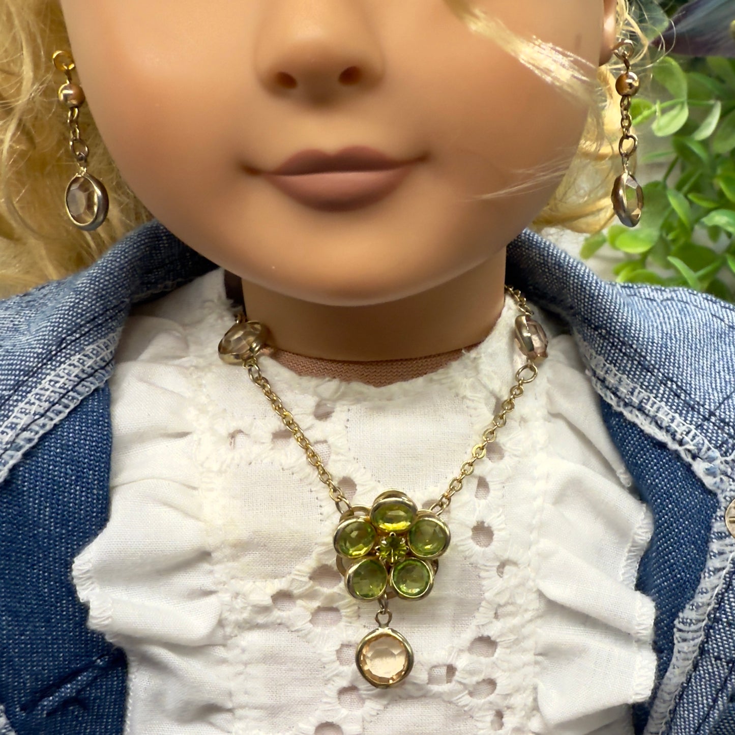 Green Yellow Crystal Flower Doll Necklace Earring Set • 18 Inch Doll Jewelry