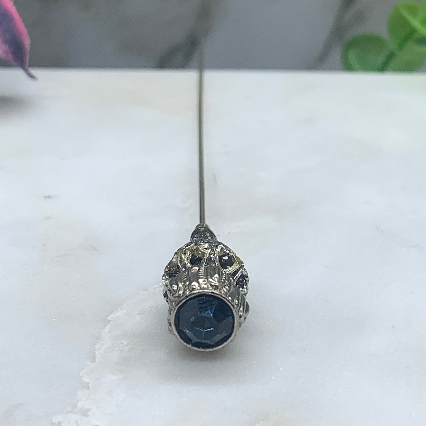 Blue Rhinestone Silver Filigree - 8.5” • Hatpin - Stick Pin