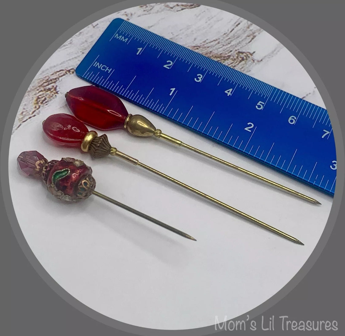 Red Glass Cloisonné Set of 3 • Stick Pins, Hatpins, Sewing pins, Gifts for Her