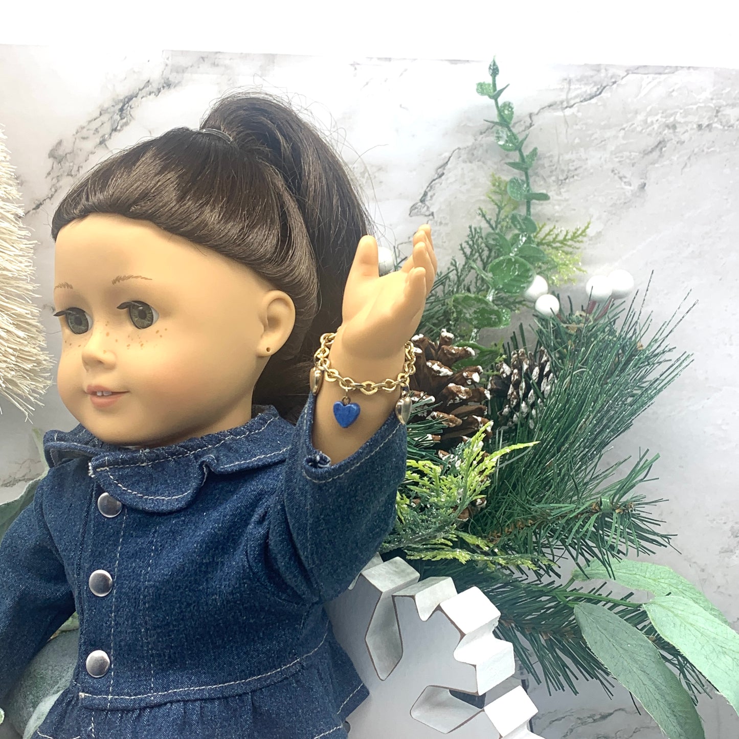 Blue Glass Gold Heart Charm Doll Bracelet • 18 Inch Fashion Doll Jewelry