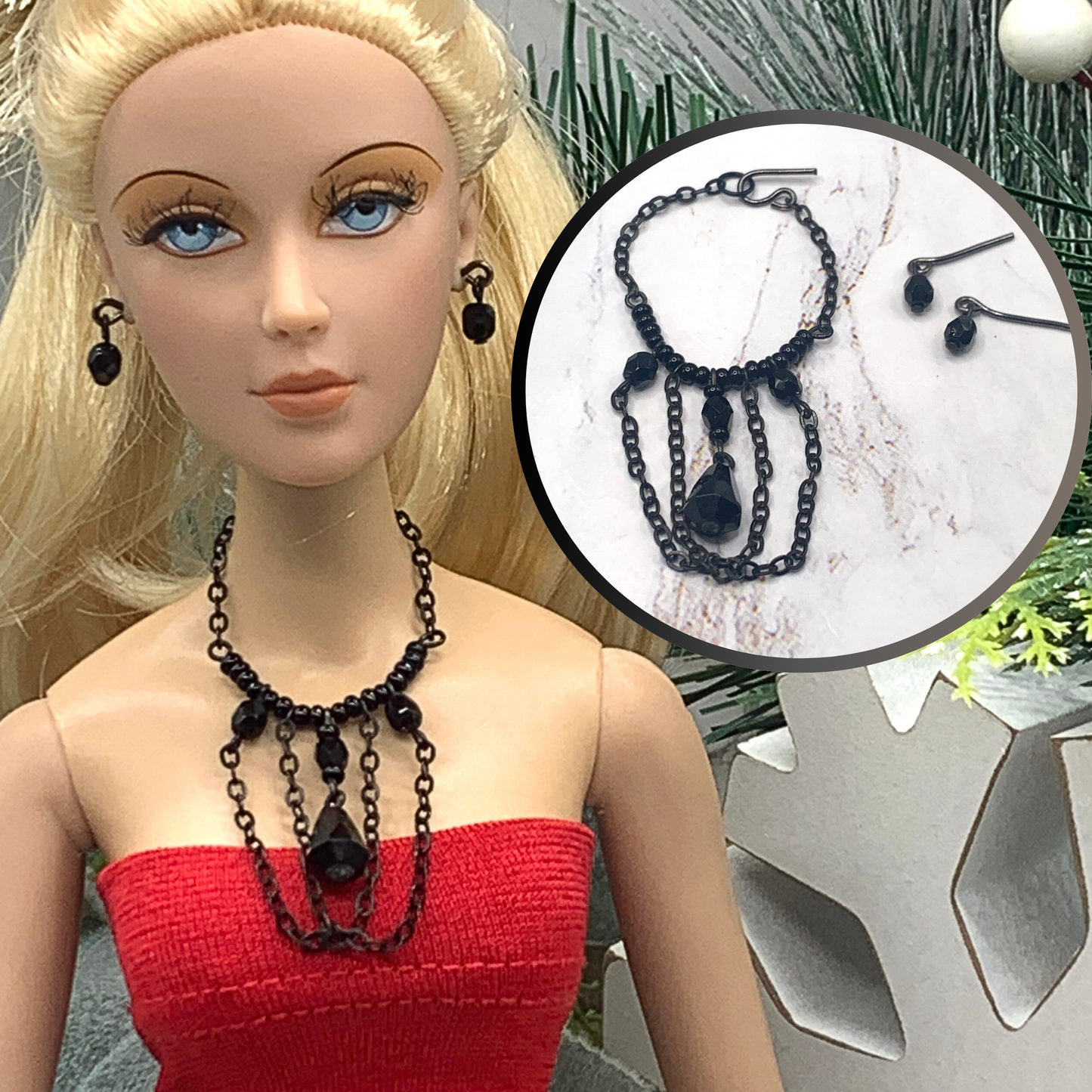 Black Crystal Chain Doll Necklace Earring Set • 16 Inch Fashion Doll Jewelry