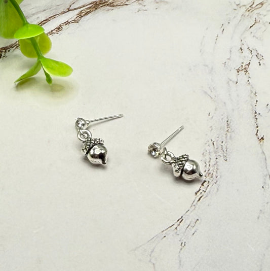 Silver Acorn Autumn Dangle Rhinestone Post Doll Earrings | for 18 Inch Fashion Dolls