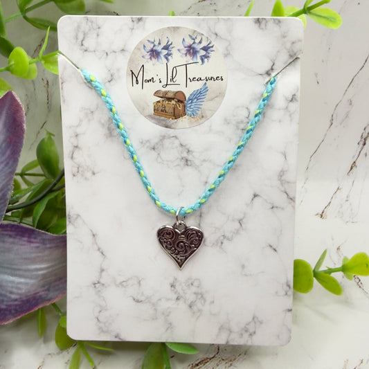 Turquoise Light Blue Braided Thread Doll Necklace Silver Heart Charm • 18 Inch Fashion Doll Jewelry