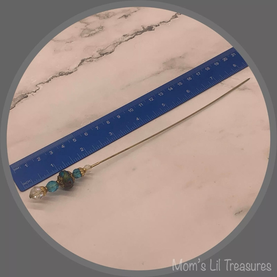 Turquoise Blue Clear Crystals Cloisonné Flower Design - 8” • Hatpin - Stick Pin