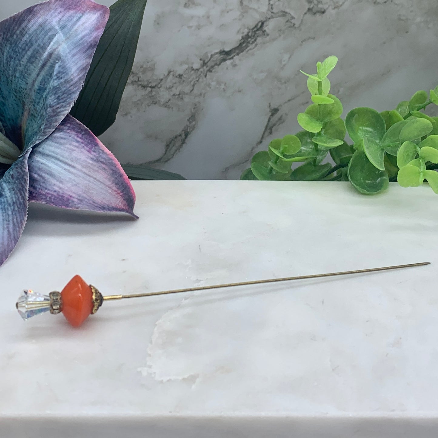 Orange Color Glass & Clear Glass Faceted Crystal • 6” Hatpin - Stick Pin